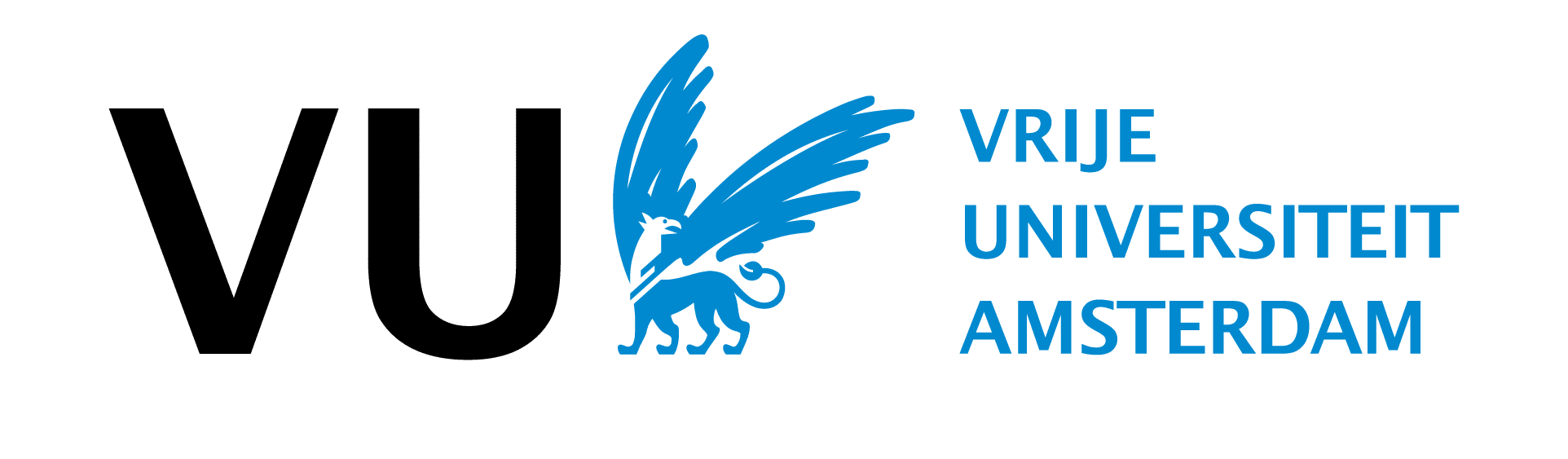 Vrije Universiteit Amsterdam logo. Black VU with blue mythical griffin.
