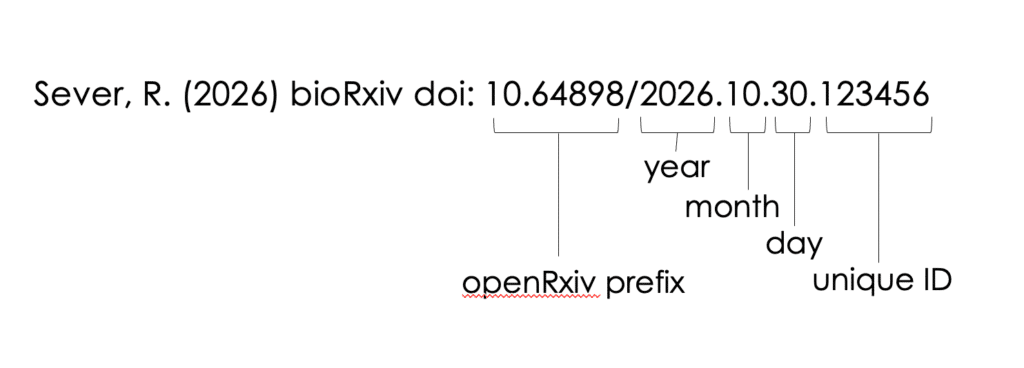 Image with the different components of a DOI. Sever, R. (2026) bioRxiv doi. 10.64898/2026.10.30.123456
The first part of the DOI 10.64898 is the openRxiv prefix. The part after the / 2026, is the year. The part after the period 10, is the month. The part after the next period, 30, is the day. The part after the next period, and the last part of the DOI, 123456 is the unique ID.