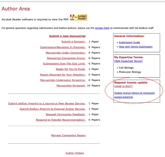 Screen shot of the author area for bioRxiv. It highlights the addition of a new box on the right of the screen that says 'Request license update (what is this?) and a clickable link that says Update license choice on previously posted preprints.